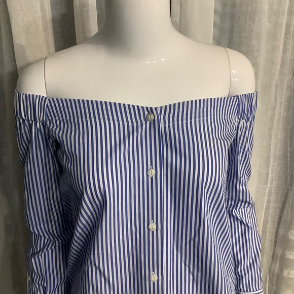Rag & Bone Blue/White Stripe Off the Shoulder Long-Sleeve Cotton Blouse - Picture 2 of 9